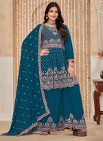 Chiffon Aqua Blue Wedding Wear Embroidery Work Plazzo Suit